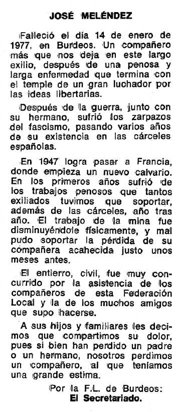 Necrològica de José Meléndez Fernández apareguda en el periòdic tolosà "Espoir" del 27 de febrer de 1977