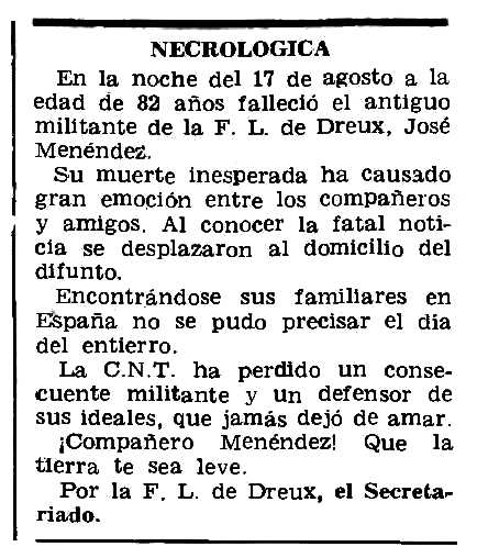 Necrol&ograve;gica de Jos&eacute; Men&eacute;ndez D&iacute;az apareguda en el peri&ograve;dic parisenc "Le Combat Syndicaliste" del 4 de setembre de 1975
