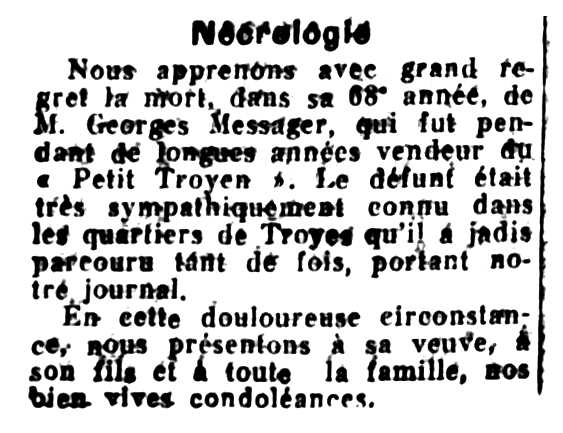 Necrològica de Georges Messager apareguda en el diari de Troyes "Le Petit Troyen" del 21 de maig de 1933