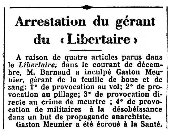 Notícia de la detenció de Gaston Meunier apareguda en el diari parisenc "L'Action Française" del 12 de gener de 1924
