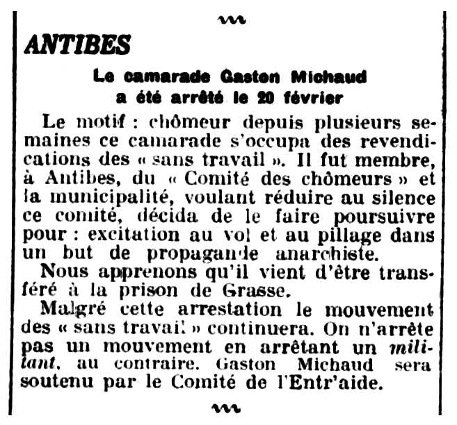 Notícia de la detenció de Gaston Michau aparaguda en el periòdic parisenc "Le Libertaire" del 28 de febrer de 1931