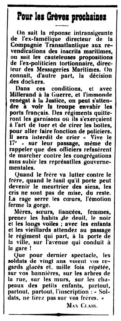 Article antimilitarista d'Alfred Mignon publicat en el diari de Vendôme "Le Progrès de Loir-et-Cher" del 19 de juliol de 1912