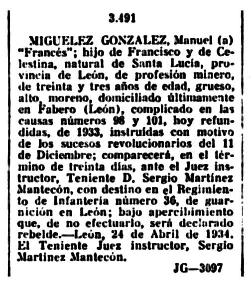 Requisitòria de Manuel Miguélez González publicada en "Gazeta de Madrid" del 15 de maig de 1934