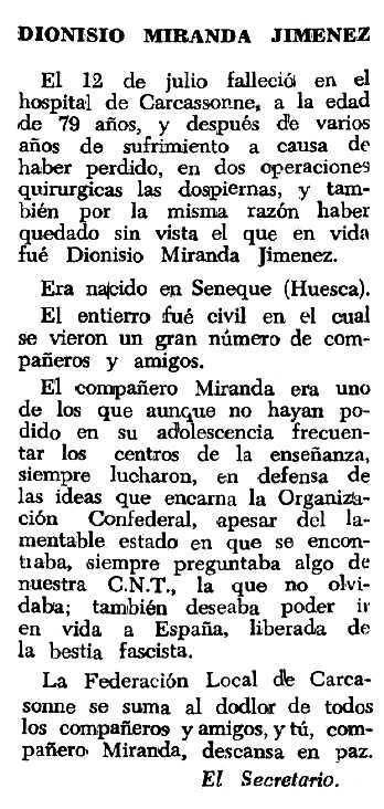 Necrològica de Dionisio Miranda Giménez apareguda en el periòdic tolosà "Espoir" del 13 de novembre de 1966
