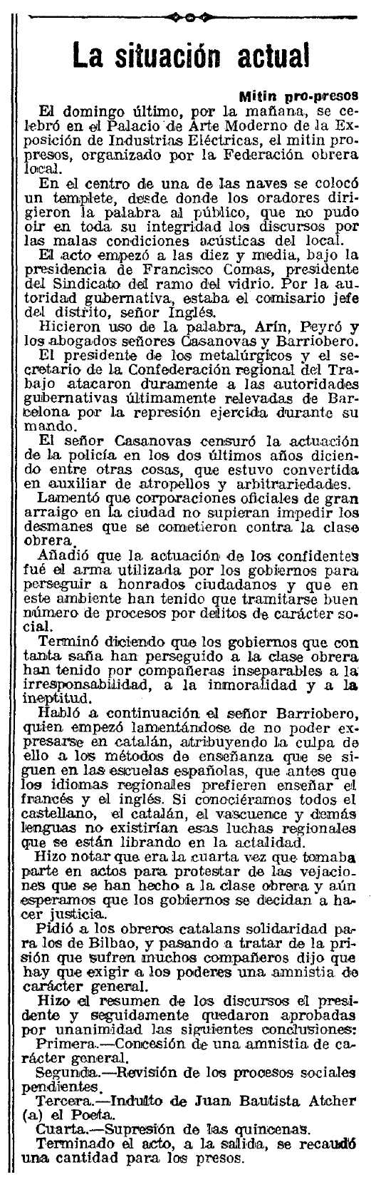 Ressenya del míting apareguda en el diari barceloní "La Vanguardia" del 21 de novembre de 1922