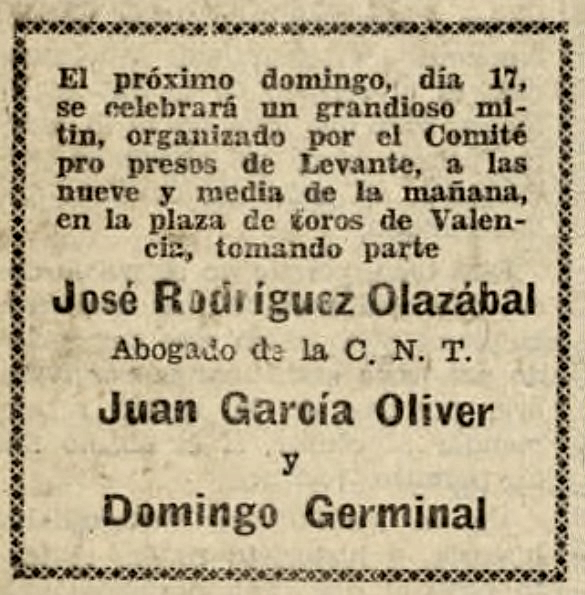 Convocatòria del míting apareguda en el diari madrileny "La Tierra" del 14 de juny de 1934