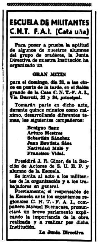 Convocat&ograve;ria del m&iacute;ting apareguda en el diari barceln&iacute; "Solidaridad Obrera" del 29 de gener de 1937