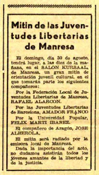 Convocatòria del míting apareguda en el diari barceloní "Solidaridad Obrera" del 28 d'agost de 1936