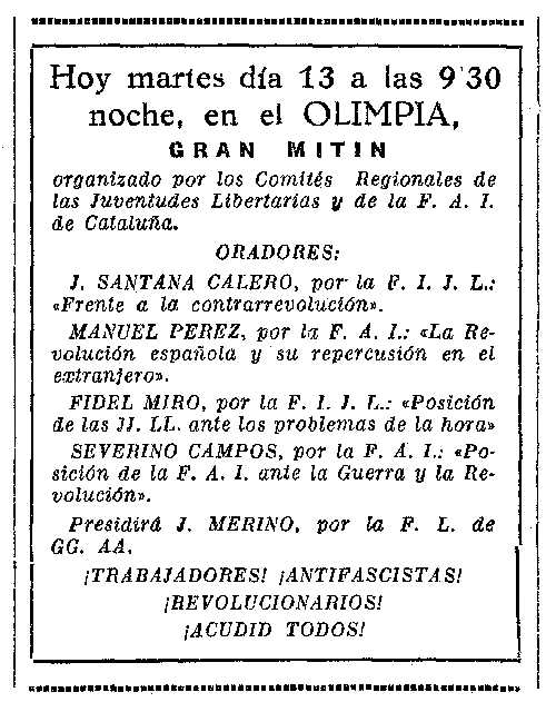 Propaganda del míting publicada en el diari barceloní "La Vanguardia" del 13 d'abril de 1937