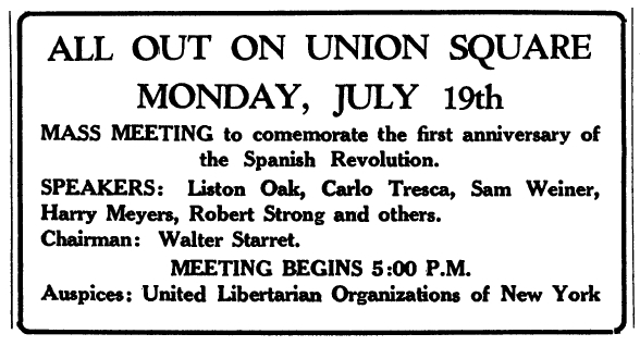 Convocatòria de l'acte publicada en el periòdic novaiorquès "Spanish Revolution" del 19 de juliol de 1937