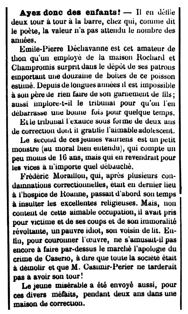 Notícia de la reclusió de Frédéric Moraillon apareguda en el diari "Journal de Roanne" del 21 d'octubre de 1894