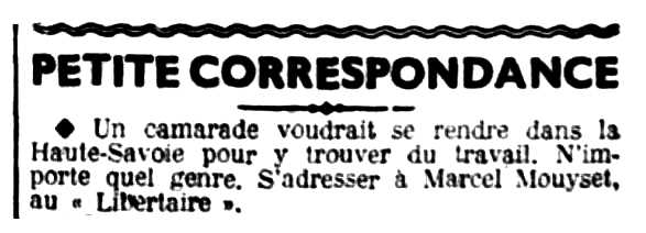 Demanda de feina de Marcel Mouysset publicada en el periòdic parisenc "Le Libertaire" del 15 d'abril de 1937