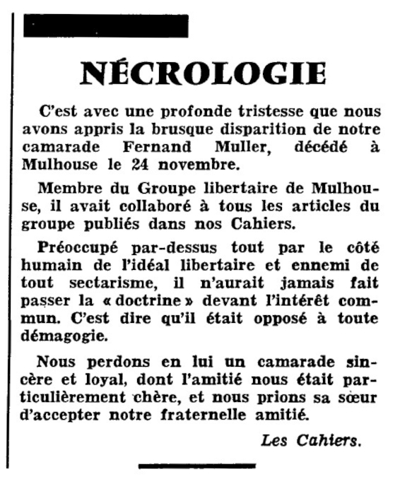 Necrol&ograve;gica de Fernand Muller apareguda en el peri&ograve;dic parisenc "Civisation Libertaire" d'octubre-novembre de 1977