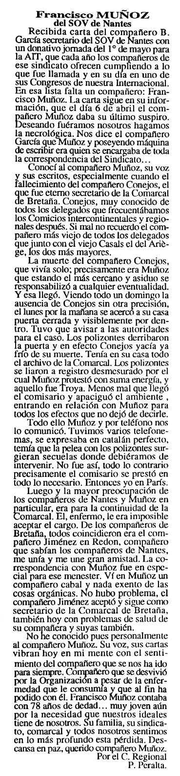 Necrològica de Francisco Muñoz Bueno apareguda en el periòdic tolsoà "Cenit" del 8 de juny de 1993