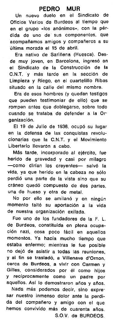 Necrològica de Pedro Mur Carpi apareguda en el periòdic tolosà "Cenit" del 27 de maig de 1986