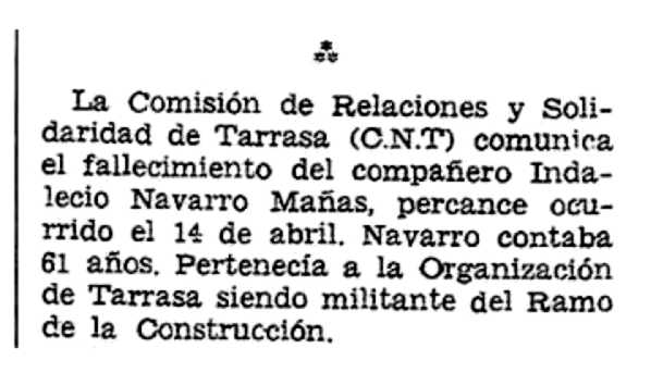 Necrol&ograve;gica d'Indalecio Navarro Ma&ntilde;as aparegut en el peri&ograve;dic tolos&agrave; "CNT" del 3 de juny de 1956