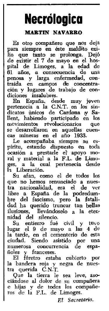 Necrològica de Martín Navarro Zamora apareguda en el periòdic tolosà "Espoir" del 31 de juliol de 1966