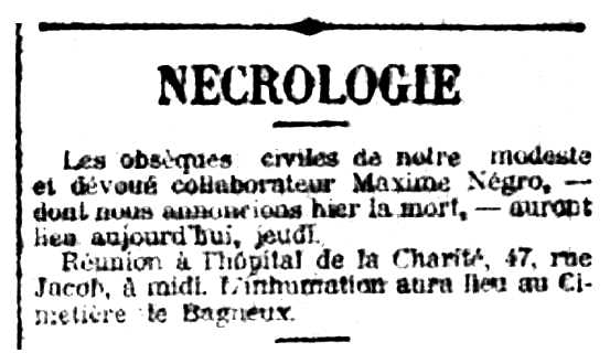 Nota necrològica de Maxime Négro apareguda en el diari parisenc "L'Aurore" del 27 de maig de 1909