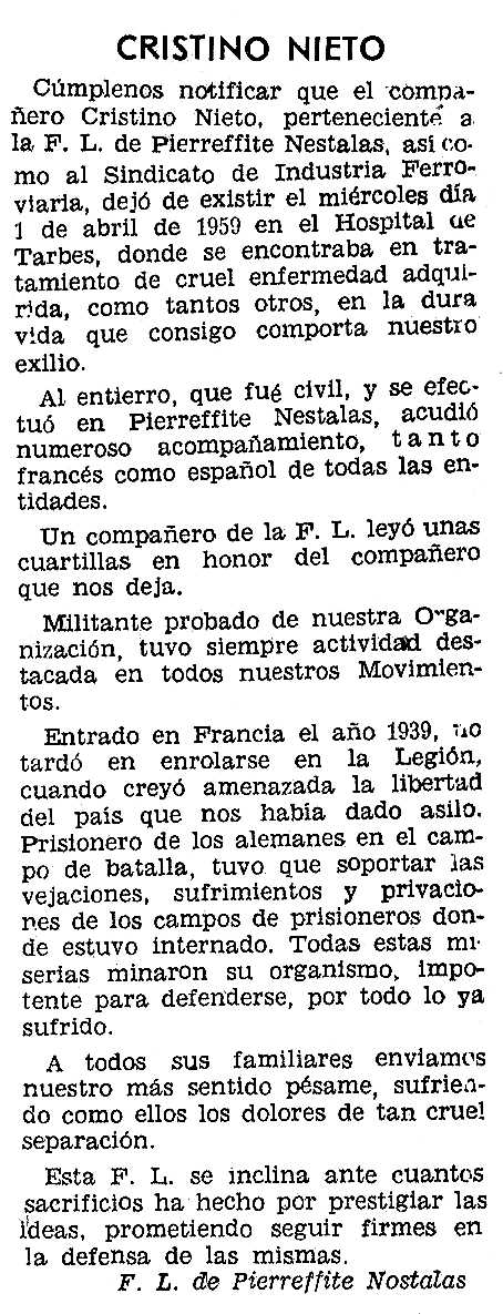Necrològica de Cristino Nieto Maniega apareguda en el periòdic parisenc "Solidaridad Obrera" del 23 d'abril de 1959