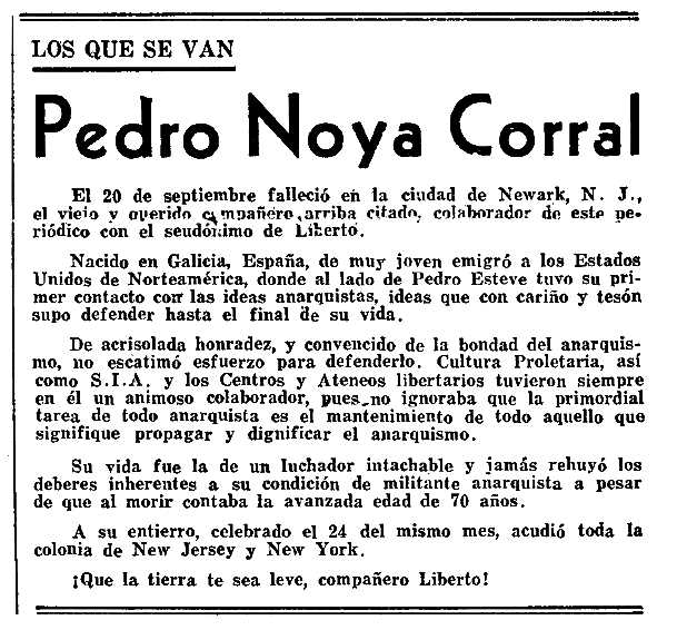 Necrològica de Pedro Noya Corral apareguda en el periòdic mexicà "Tierra y Libertad" de novembre de 1960