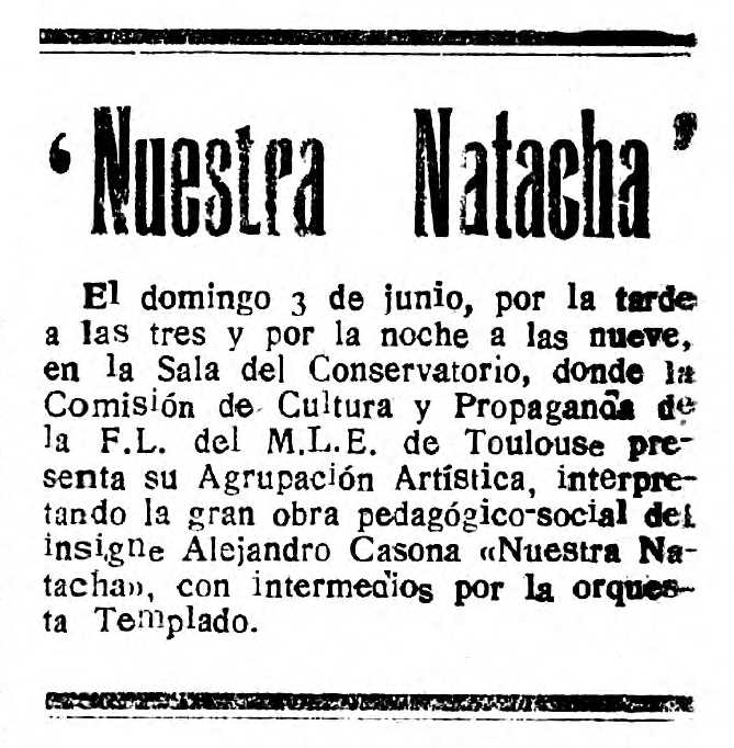 Convocatòria de "Nuestra Natacha" apareguda en el periòdic tolosà "Boletín Interno de la CNT-MLEF" del 6 de juny de 1945