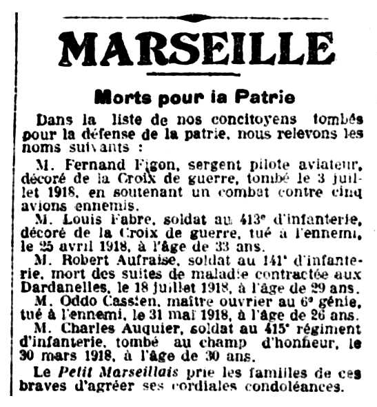 Notícia de la mort de Cassien Oddo apareguda en el diari marsellès "Le Petit Marsellais" del 21 de juliol de 1918