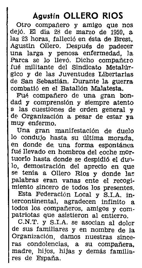 Necrològica d'Agustín Ollero Ríos apareguda en el diari parisenc "Solidaridad Obrera" del 23 d'abril de 1959
