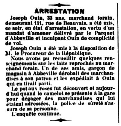 Notícia de la detenció de Joseph Ouin apareguda en el diari d'Amiens "Le Progrès de la Somme" del 14 de gener de 1904