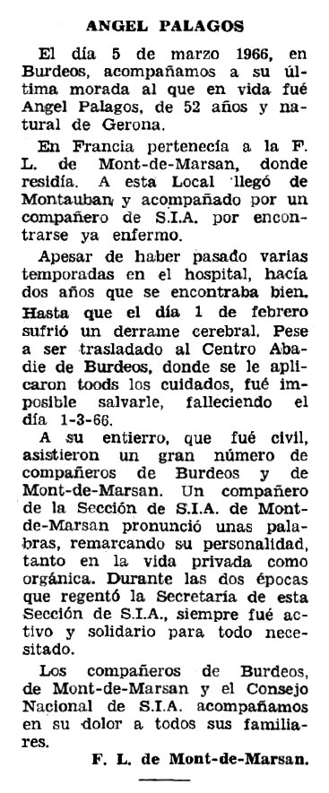 Necrol&ograve;gica d'&Agrave;ngel Palagos Pujol apareguda en el peri&ograve;dic tolos&agrave; "Espoir" del 16 d'octubre de 1966