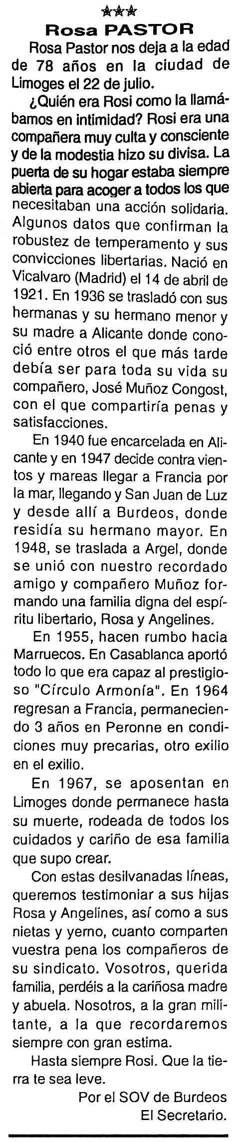 Necrol&ograve;gica de Rosa Pastor Vicario apareguda en el peri&ograve;dic tolos&agrave; "Cenit" del 28 de setembre de 1999