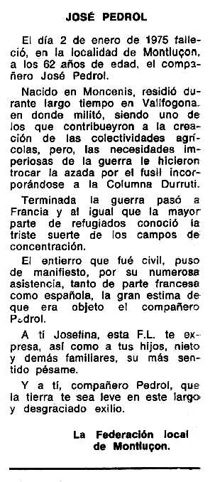 Necrològica de Josep Pedrol Xandre apareguda en el periòdic tolosà "Espoir" del 2 de març de 1975