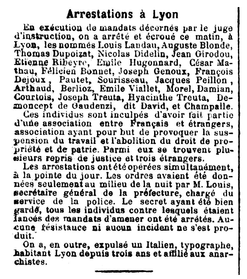 Notícia de la detenció de Jacques Peillon, i altres companys, apareguda en el diari tolosà "La Dépêche" del 20 de novembre de 1882