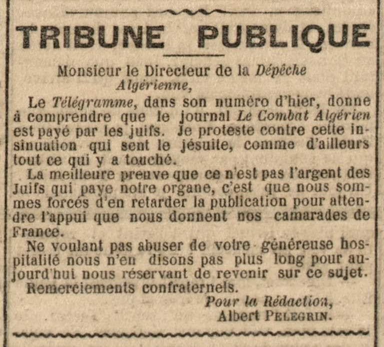 Carta d'Albert Pélegrin enviada al diari algerí "La Dépêche Algérienne" del 31 de maig de 1898