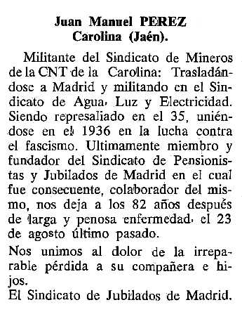Necrològica de Juan Manuel Pérez apareguda en el periòdic tolosà "Cenit" del 15 de novembre de 1988