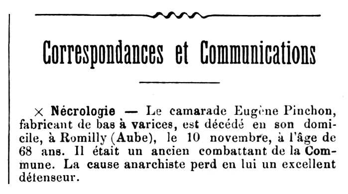 Necrològica d'Eugène Pinchon apareguda en el periòdic parisenc "Les Temps Nouveaux" del 24 de novembre de 1906