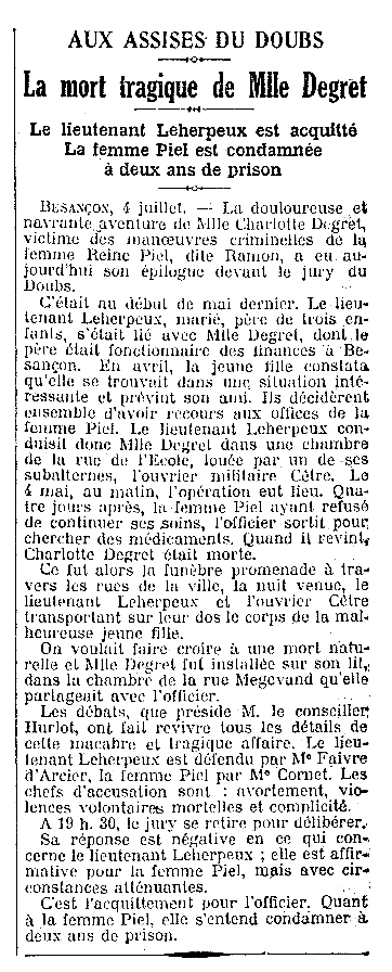 Notícia de la condemna de Reine Piel apareguda en el diari parisenc "Le Matin" del 5 de juiol de 1922