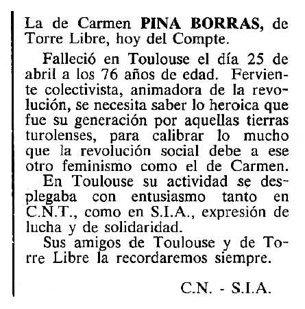 Necrològica de Carmen Pina Borrás apareguda en el periòdic tolosà "Cenit" del 10 de juliol de 1984