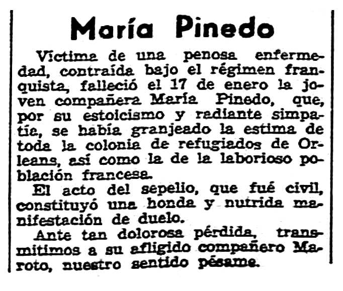 Necrològica de María Pinedo Quiñonero apareguda en el periòdic parisenc "Solidaridad Obrera" del 31 de gener de 1953