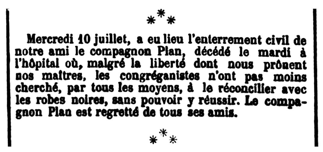 Notícia de la mort d'Antoine Plan apareguda en el periòdic parisenc "La Révolte" del 3 d'agost de 1889