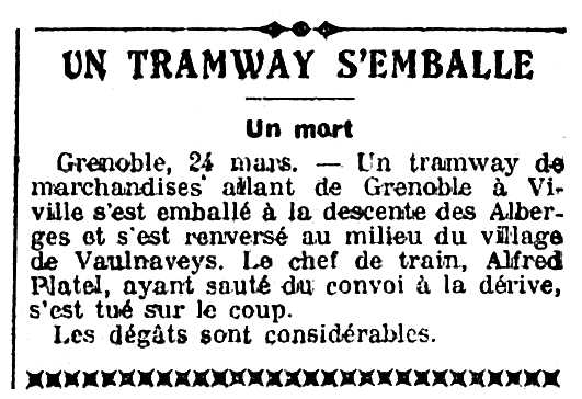 Notícia sobre l'accident mortal d'Alfred Platel apareguda en el diari parisenc "Le Populaire" del 25 de març de 1924