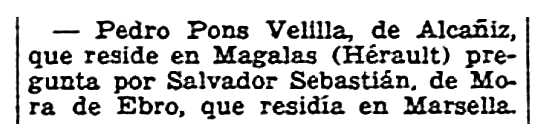 Notícia orgànica de Pedro Pons Velilla publicada en el periòdic parisenc "Solidaridad Obrera" del 5 de novembre de 1949