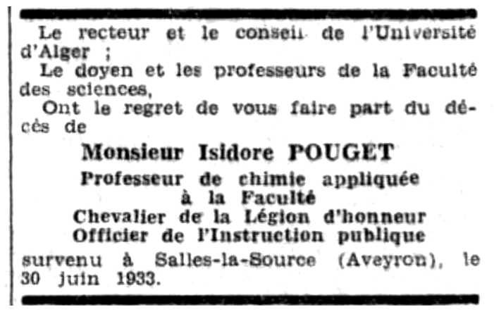 Notícia de la mort d'Isidore Pouget publicada en el diari "L'Écho d'Alger" del 5 de juliol de 1933