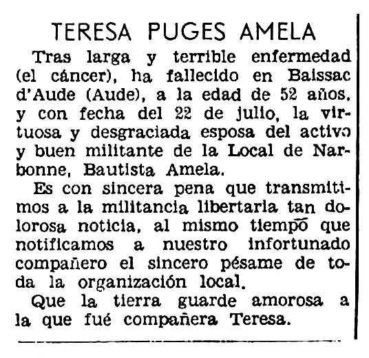 Necrològica de Teresa Pugès Fabró apareguda en el periòdic parisenc "Solidaridad Obrera" del 27 d'agost de 1959