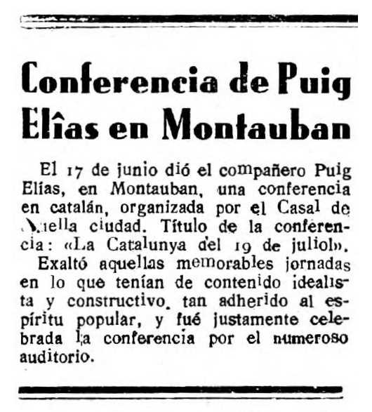Notícia de la conferència apareguda en el periòdic tolosà "Boletín Interior de la CNT" del 12 de juliol de 1945