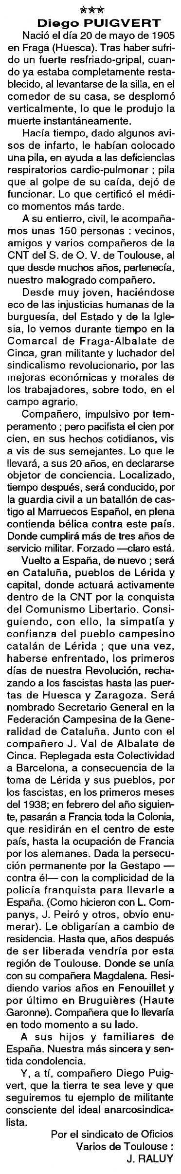 Necrològica de Diego Puigvert Areste apareguda en el periòdic tolosà "Cenit" del 19 d'abril de 1994
