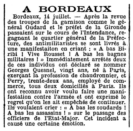 Notícia d'una de les detencions de Georges Quesnel publicada en el diari parisenc "La Presse" del 15 de juliol de 1910