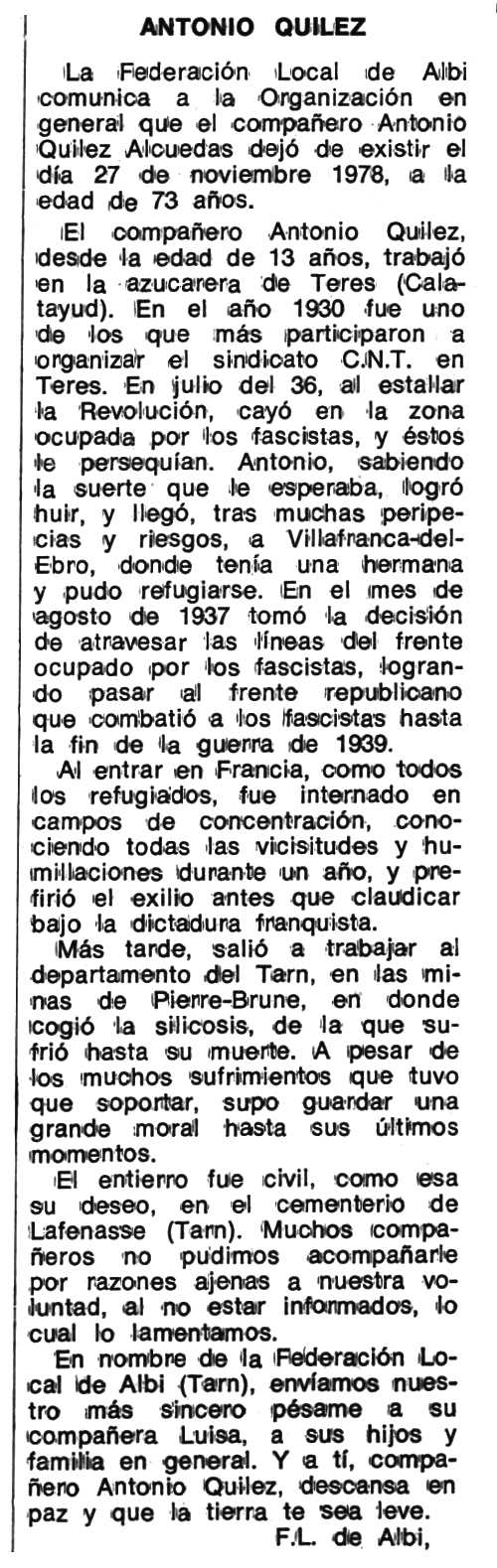 Necrol&ograve;gica d'Antonio Qu&iacute;lez Alcuedas apareguda en el peri&ograve;dic tolos&agrave; "Espoir" del 21 de mar&ccedil; de 1979