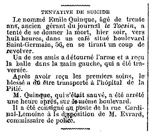 Notícia de l'intent de suïcidi d'Émile Quinque apareguda en el diari parisenc "Le Gaulois" del 6 d'abril de 1886