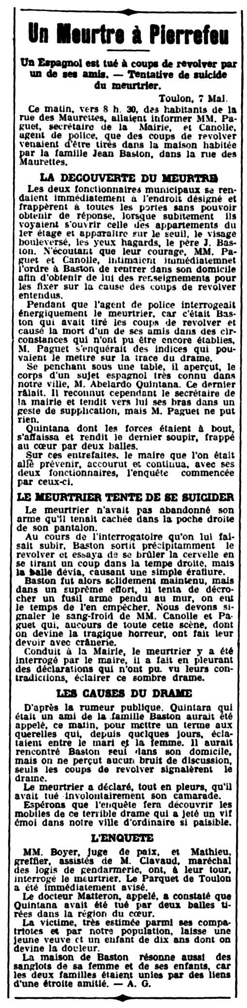 Notícia de l'assassinat d'Abelard Quintana Puignau apareguda en el diari marsellès "Le Petit Provença" del 8 de maig de 1913
