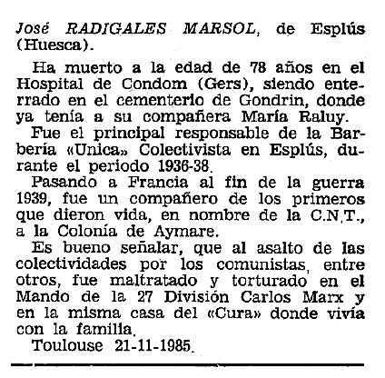Necrològia de José Radigales Marsol apareguda en el periòdic tolosà "Cenit" del 31 de desembre de 1985